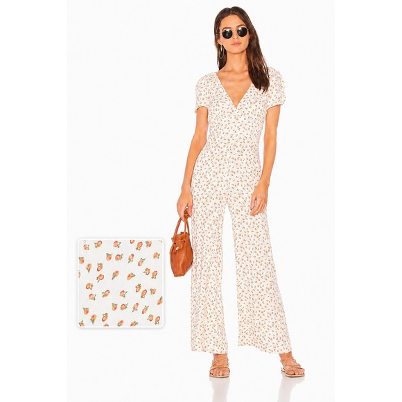 Free People Pants - Free People Mia Short Sleeve Jumpsuit Ivory Peach Fruit Print Size 8 *Flawed